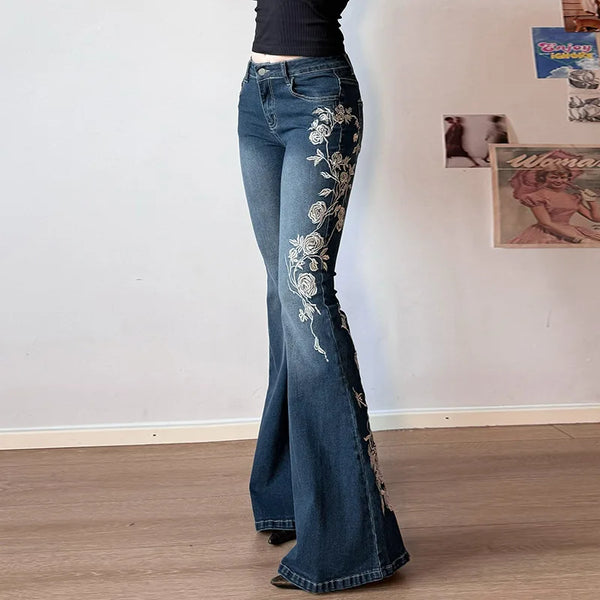 Flare Jeans Women Embroidered Boot Cut Washed Distressed Pockets Floor Length Denim Trousers