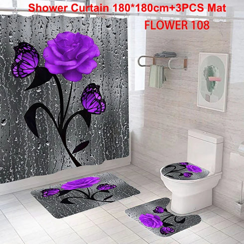Red Rose and Butterfly Bathroom Mat and Shower Curtain Set Waterproof Eco-Friendly Design