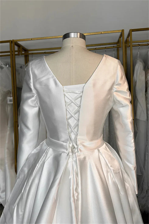Satin A-Line Long Sleeve Wedding Dress With V-Neck And Lace Up Back, Custom Made Bridal Gown