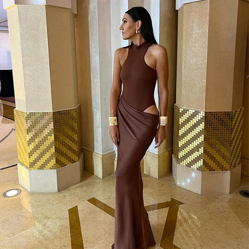 JULISSA MO Satin Sexy Hollow Out Maxi Dress for Elegant Parties