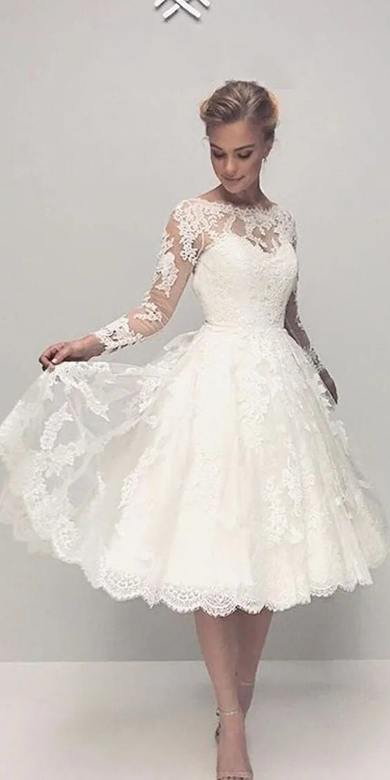 Tea Length A-Line Wedding Dresses Vintage Lace Applique Long Sleeves Bridal Gowns