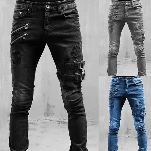 Fashion Streetwear Ripped Skinny Jeans Men Cargo Pants Slim Fit