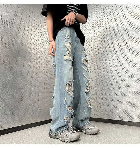 High Street Ripped Jeans Men's Clothing Wide Leg Trousers