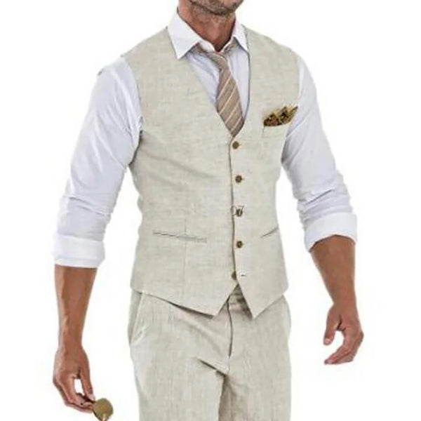 Men's Linen Suit Vest for Summer Weddings and Beach Events - Stylish V Neck Waistcoat
