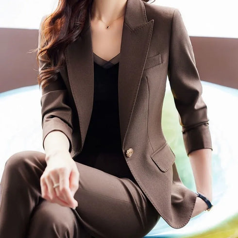 Korean Elegant Casual Blazer Coat and Flare Pants Two-Piece Women's Suit Set for Autumn/Winter Fashion