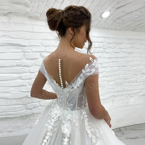Boho Charming Princess A Line Wedding Dresses Illusion Appliques Gowns
