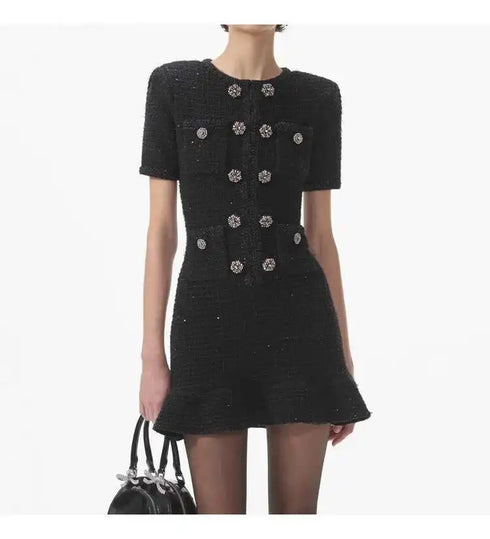 Luxury Autumn Double Breasted Beading Diamonds Mini Knit Dress for Women
