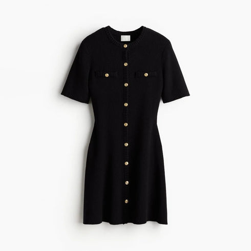 Elegant Knitted Mini Dress for Women Slim Fit Ribbed Knit with Metal Buttons Short Sleeve Holiday Party Dress