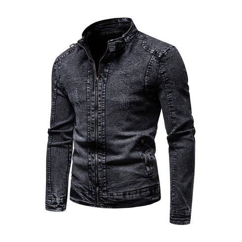 Men's Retro Slim Fit Jean Jacket with Stand Collar for Autumn and Winter - Stylish Casual Motorcycle Outerwear