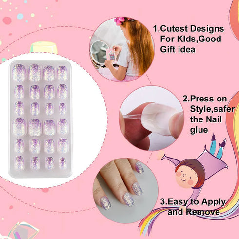 Sparkling Purple Glitter Kids Press-On Nails - 24-Piece Gradient Fake Nail Art Tips for Short Full-Cover Fun and Creative Nail Designs for Girls