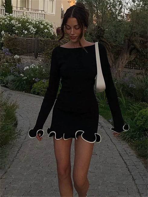 Women's Knit Mini Dress Ruffled Autumn High Waist Elegant Slim Party Dress Patchwork Knitwear