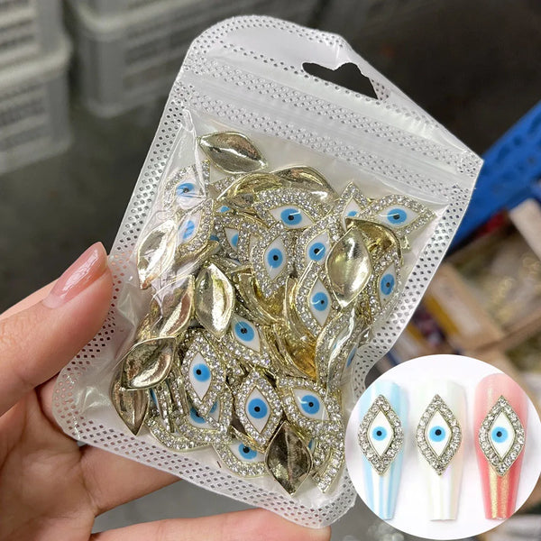 10pcs Devil's Blue Eye Nail Charms with Glitter Rhinestones for Stunning Nail Art Decoration and Manicure Accessories