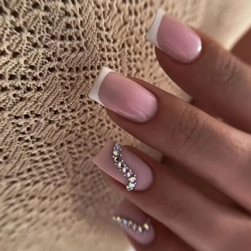 24pcs Glittering French Square Acrylic False Nails with Wavy Design - Full Cover Detachable Nail Tips for Stunning Nail Art