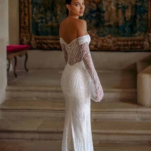 Detachable Train Luxury Wedding Dresses Mermaid Sequins Off Shoulder Gown