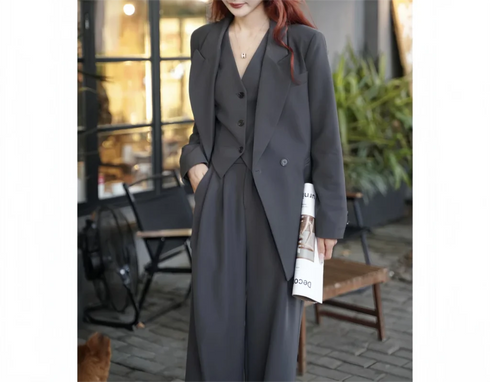 Elegant 3-Piece Korean Business Suit for Women: Stylish Blazer, Sleeveless Vest, and Wide Leg Pants Set for Office and Casual Wear