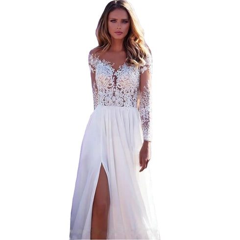 Long-Sleeved See-Through Lace Wedding Dress for Bridesmaid and Evening Events
