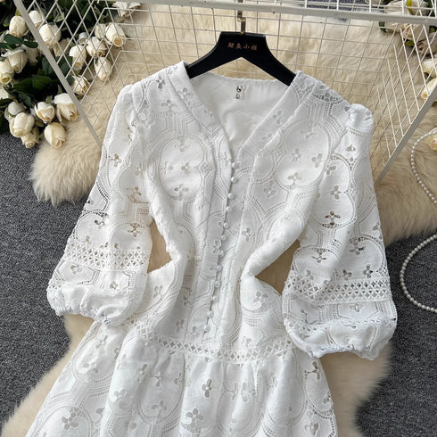 Elegant Embroidery White Lace Long Dress for Women Evening Occasion