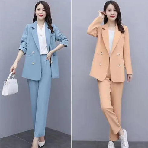 Elegant Women's Business Suit Set with Double-Breasted Coat and Ankle-Length Harem Pants for Formal Office Wear and Stylish Commutes