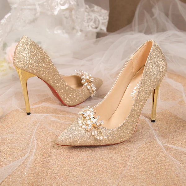 Fashion Flowers Shoes of Women Size 45 Wedding Pumps Autumn Thin Heels