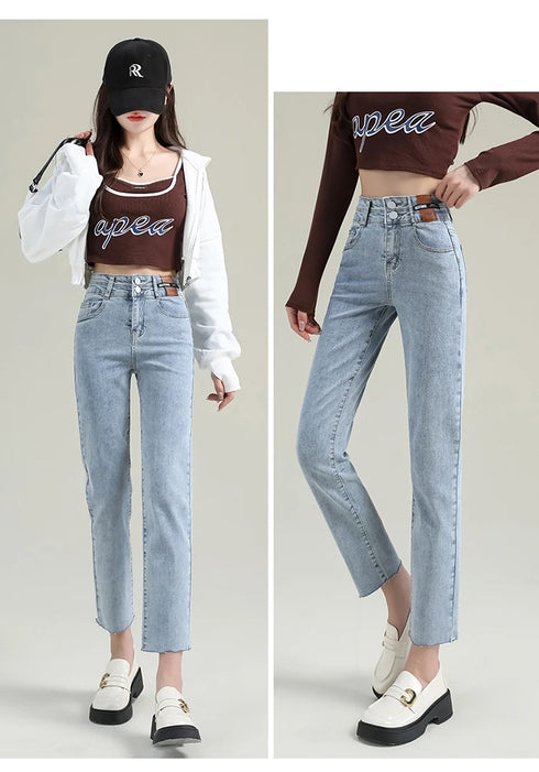 Slim Straight Elastic Denim Pipe Pants for Women - Versatile All-Season Trousers with Pockets and Tie Dye Details for Trendy Fall Outfits