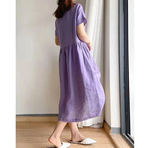 Loose Fit Slimming Cotton Linen Dress for Women Summer Plus Size Mid-Length Skirt