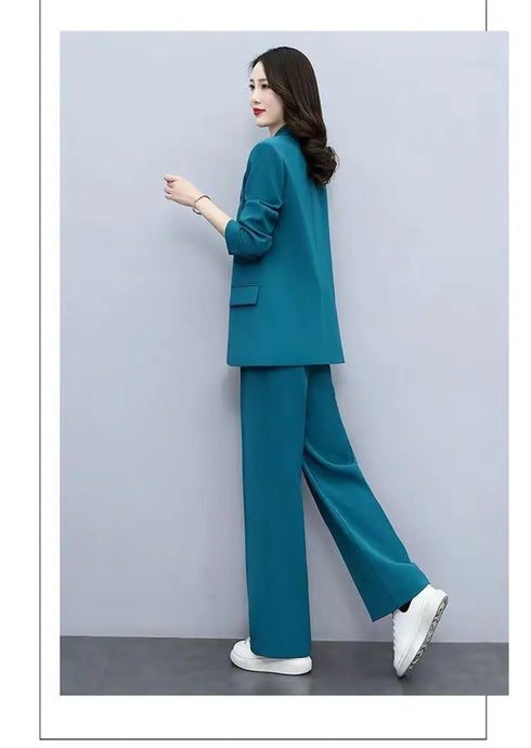 Chic Women's Blazer and Wide Leg Pants 2 Piece Set - Stylish Office Lady Casual Loose Suit Jacket and Trousers Outfit for Spring and Autumn