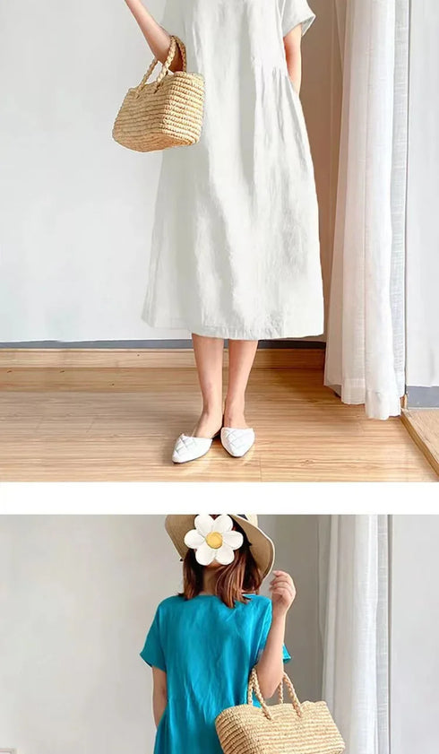 Loose Fit Slimming Cotton Linen Dress for Women Summer Plus Size Mid-Length Skirt