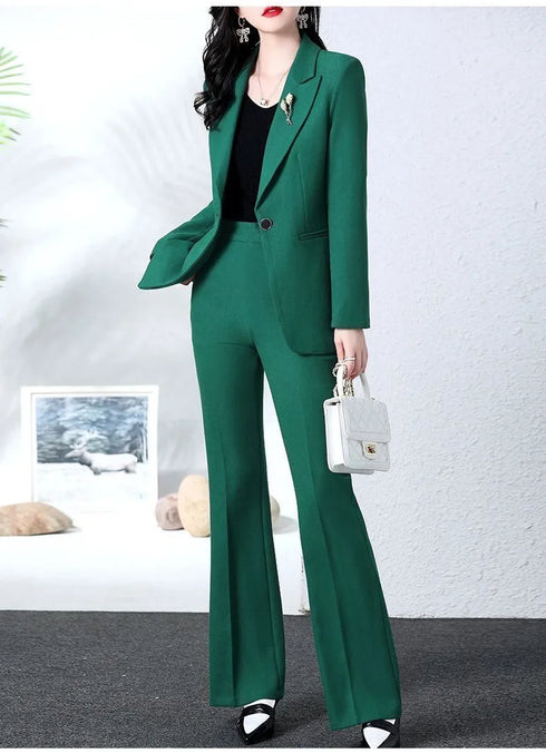 Elegant Women's Blazer Coat and Trousers Suit Set - Stylish Casual Outfit for Office and Autumn Wear with Flare Pants and Slim Fit Design