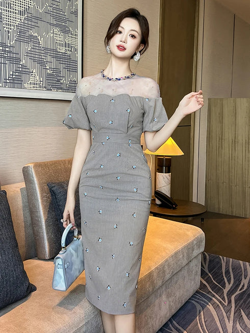 Work Style Striped Floral Formal Occasion Dress Women Clothes