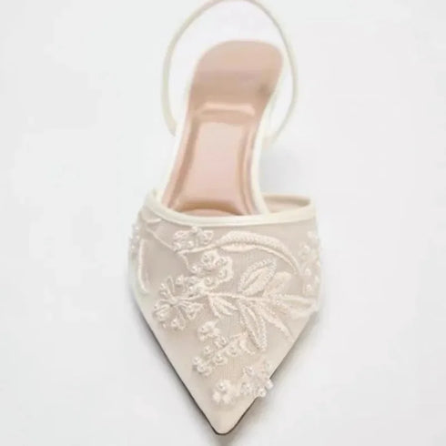 Mesh Embroidered Floral Slingback Heels Sandals For Women
