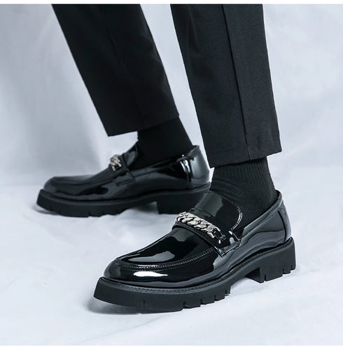 Men's Thick Sole Patent Leather Oxfords - Stylish Slip-On Derby Shoes for Casual and Formal Occasions, Height Increasing Loafers for Ultimate Comfort and Fashion
