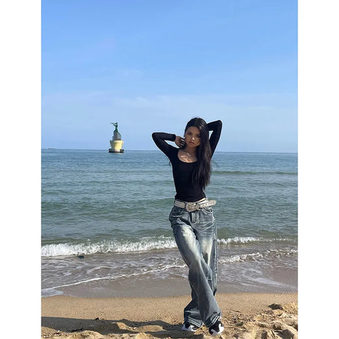 Y2K Style Blue Women Jeans Vintage Fashion Wide Leg Pants