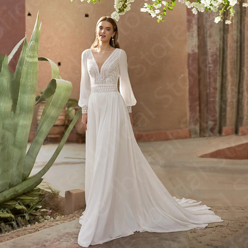 Charming Customized Beach Bridal Gowns with Long Sleeves and V Neckline