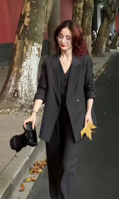 Elegant 3-Piece Korean Business Suit for Women: Stylish Blazer, Sleeveless Vest, and Wide Leg Pants Set for Office and Casual Wear