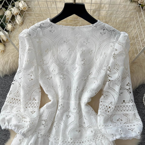 Elegant Embroidery White Lace Long Dress for Women Evening Occasion