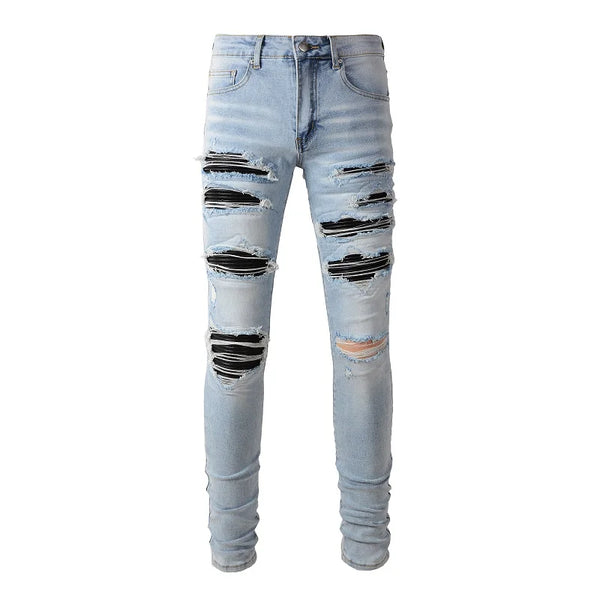 Men Black Pleated Patch Biker Jeans Streetwear Denim Trousers