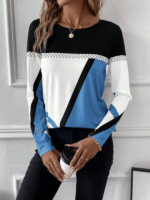Casual Women's Geometric Print Long Sleeve T-Shirt Loose Fit O-Neck Tee