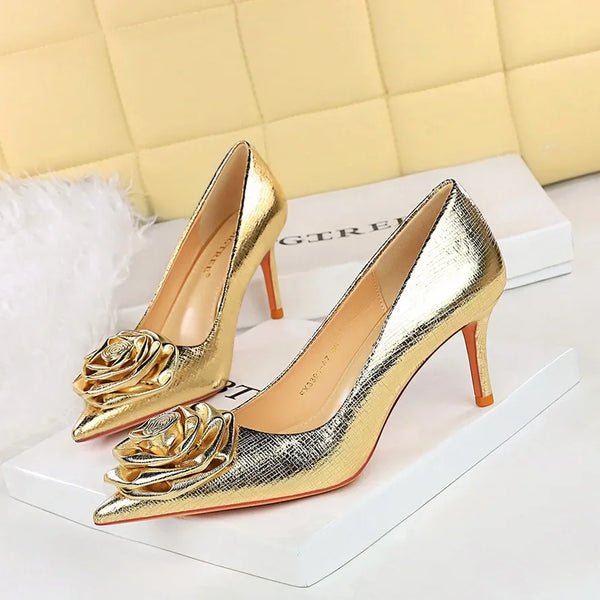 Bigtree Shoes Women Heels Sharp Pointed Rose Flowers Pumps Stilettos Wedding Shoes
