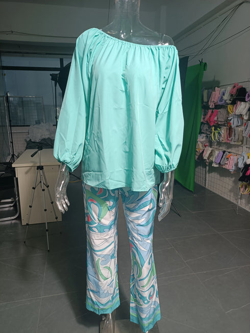 Grace One Shoulder Loose Long Sleeved T Shirt Set With Printed Wide Leg Trousers For Women