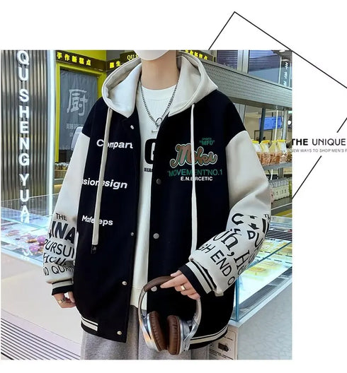 Men's Casual Hooded Jacket M-6XL - Spring and Autumn Korean Fashion Loose Fit Coat with Baseball Jersey Style and Letter Pattern