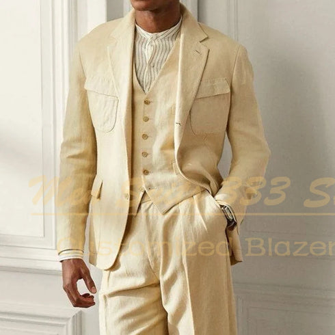 Elegant Linen Men's Suit 3 Piece Jacket Pants Vest Slim Fit Blazer