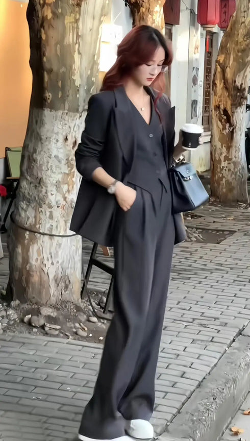 Elegant 3-Piece Korean Business Suit for Women: Stylish Blazer, Sleeveless Vest, and Wide Leg Pants Set for Office and Casual Wear