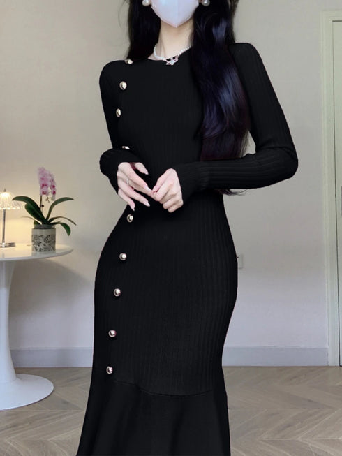 Korean Chic French Knitted Dress Women Long Sleeve Fishtail Bodycon