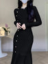 Korean Chic French Knitted Dress Women Long Sleeve Fishtail Bodycon