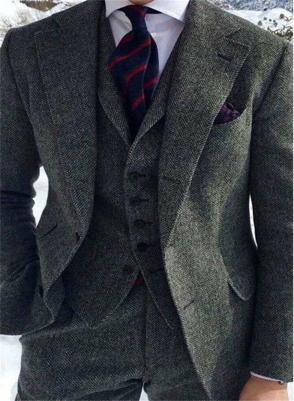 Custom Made Herringbone Tweed Tuxedo Suit for Men - Elegant Wedding Attire