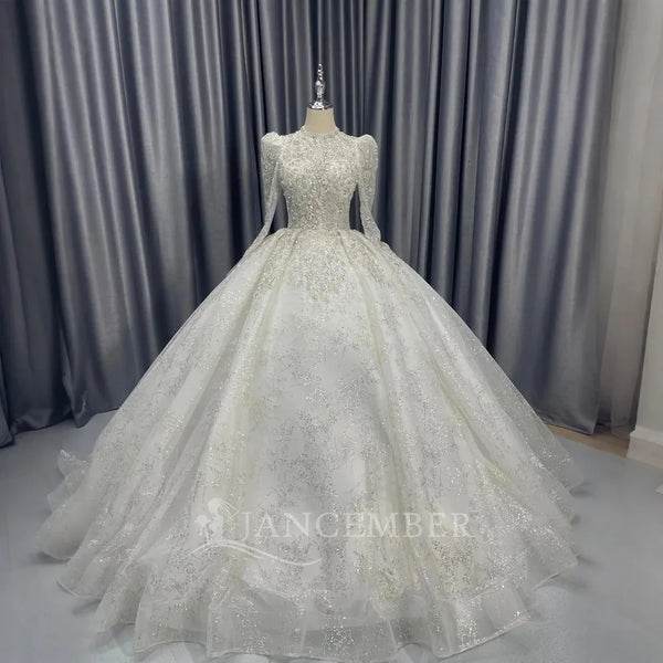 Crystal Ball Gown Wedding Dress with Long Sleeve Organza Beading and Lace Up Back