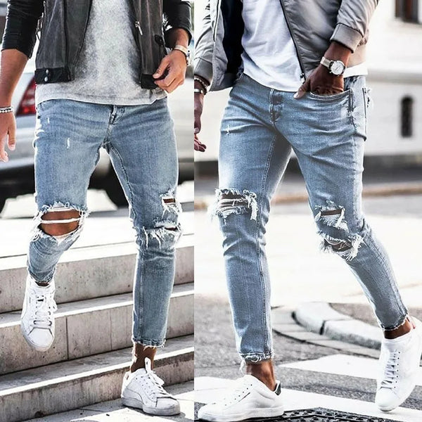 Denim Distressed Mens Pants Autumn Slim Fit Elastic Small Leg