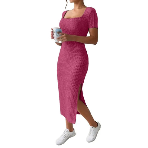 Versatile Summer Slit Dress with Square Neck and Hip-Hugging Skirt