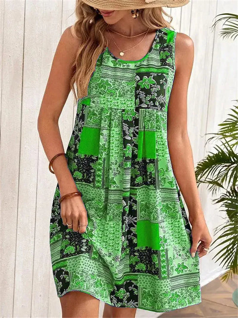 Floral Pattern Mini Dress for Women with 3D Flower Print and Sleeveless Design