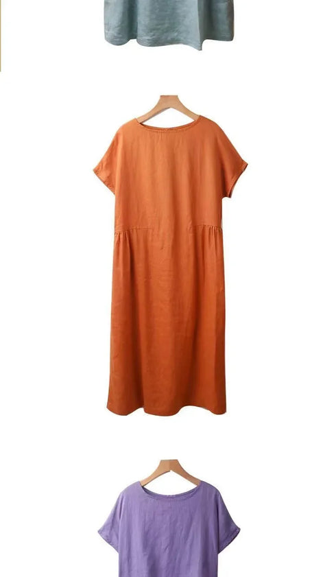 Loose Fit Slimming Cotton Linen Dress for Women Summer Plus Size Mid-Length Skirt